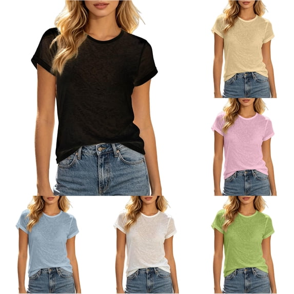 XIAONU Womens Slub Knit Short Sleeve Tee Roll Hem Street Daily Shirts