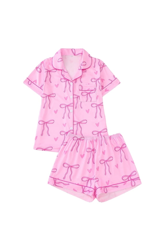 Womens Soft Bow Heart Print Pajamas Loose Fit Short Sleeve Notched Collar Pajama Set Breathable Sweet Sleep Pajama Sets