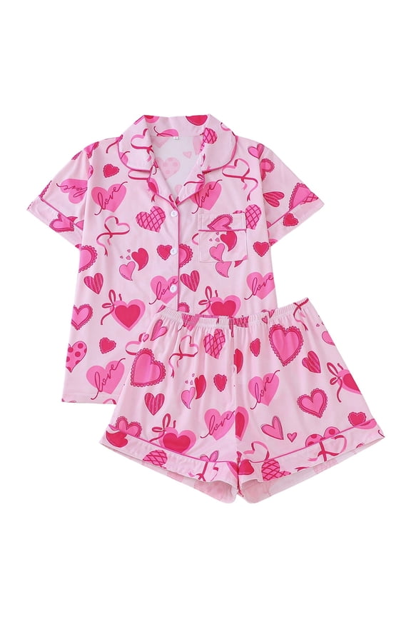 Womens Soft Sleepwear Set Heart Print Contrast Trim Pajama Top Breathable Cute Loungewear Shorts