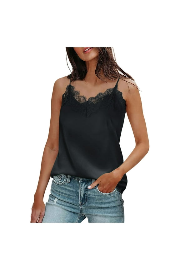 Womens Solid Color Cami Tops Lace Trim V Neck Spaghetti Strap Camisoles Silky Smooth Elegant Layering Daily Blouses