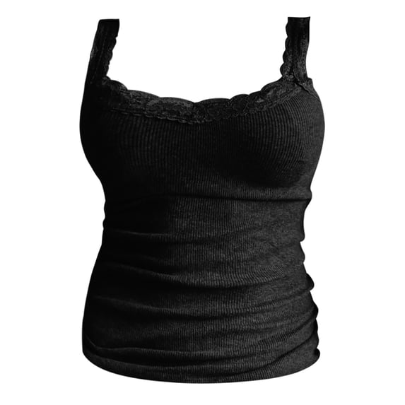 XIAONU Womens Solid Color Ribbed Camisoles Slim Fit Lace Trim V Neck Spaghetti Strap Tops Stretchy Soft Casual Everyday Layering Tank Tops