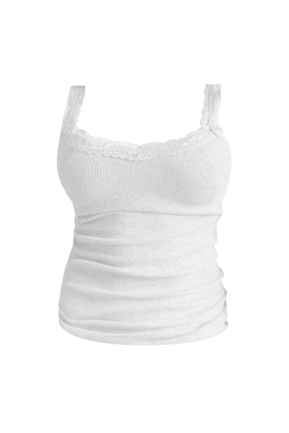 Womens Solid Color Ribbed Camisoles Slim Fit Lace Trim V Neck Spaghetti Strap Tops Stretchy Soft Casual Everyday Layering Tank Tops