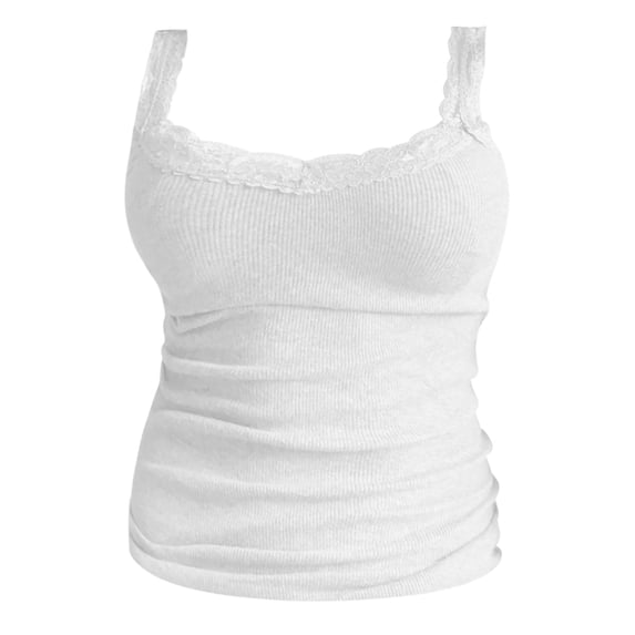 XIAONU Womens Solid Color Ribbed Camisoles Slim Fit Lace Trim V Neck Spaghetti Strap Tops Stretchy Soft Casual Everyday Layering Tank Tops