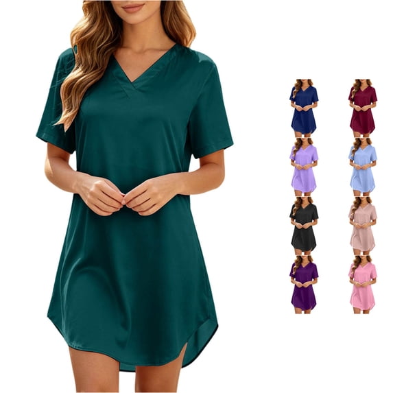 XIAONU Womens Solid Color V Neck Night Dress Short Sleeve Curved Hem Bedroom Sleep Gown
