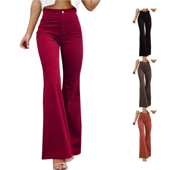XIAONU Womens Solid Corduroy Flare Pants High Waist Slim Fit Pants