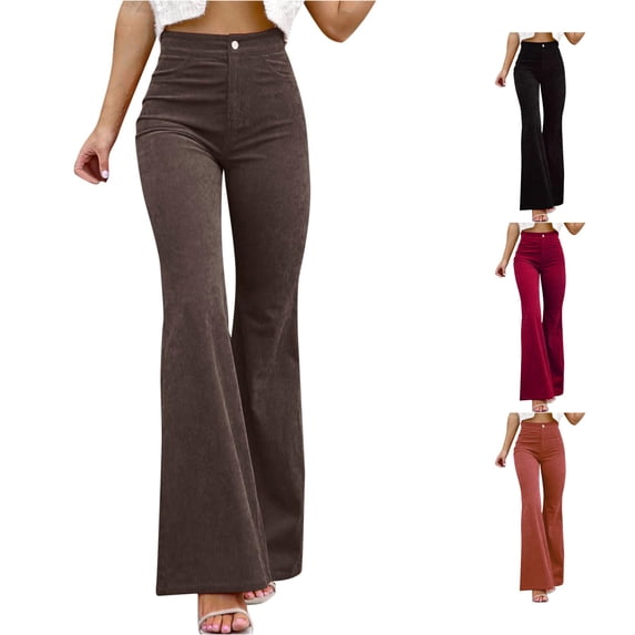 XIAONU Womens Solid Corduroy Flare Pants High Waist Slim Fit Pants