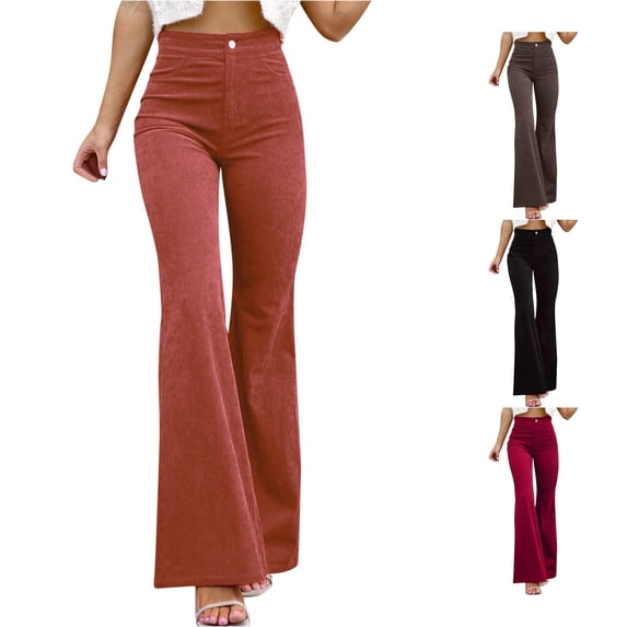 XIAONU Womens Solid Corduroy Flare Pants High Waist Slim Fit Pants