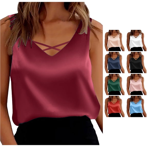 XIAONU Womens Solid Crisscross Tank Top Sleeveless V Neck Relaxed Fit Daily Blouse