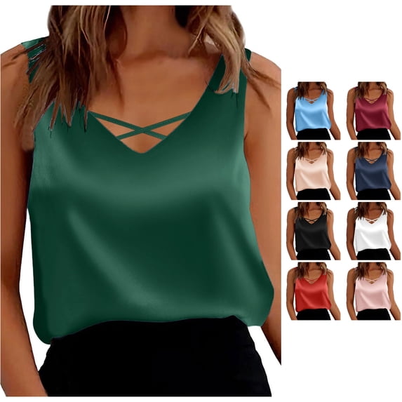 XIAONU Womens Solid Crisscross Tank Top Sleeveless V Neck Relaxed Fit Daily Blouse