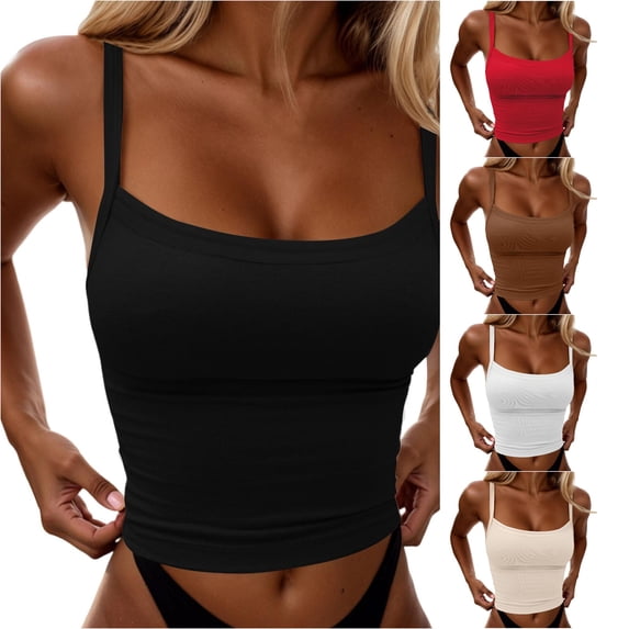 XIAONU Womens Solid Crop Cami Top Scoop Neck Spaghetti Strap Casual Layering Tops