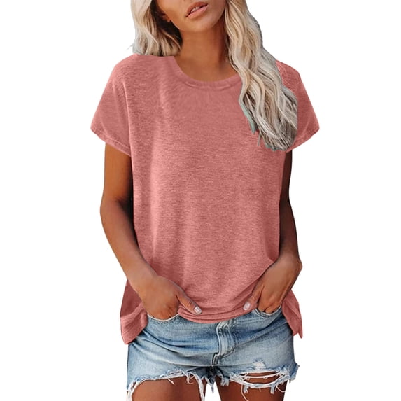 XIAONU Womens Solid Curved Hem Tee Short Sleeves Crewneck Pullover Top Soft Casual Weekend Tees