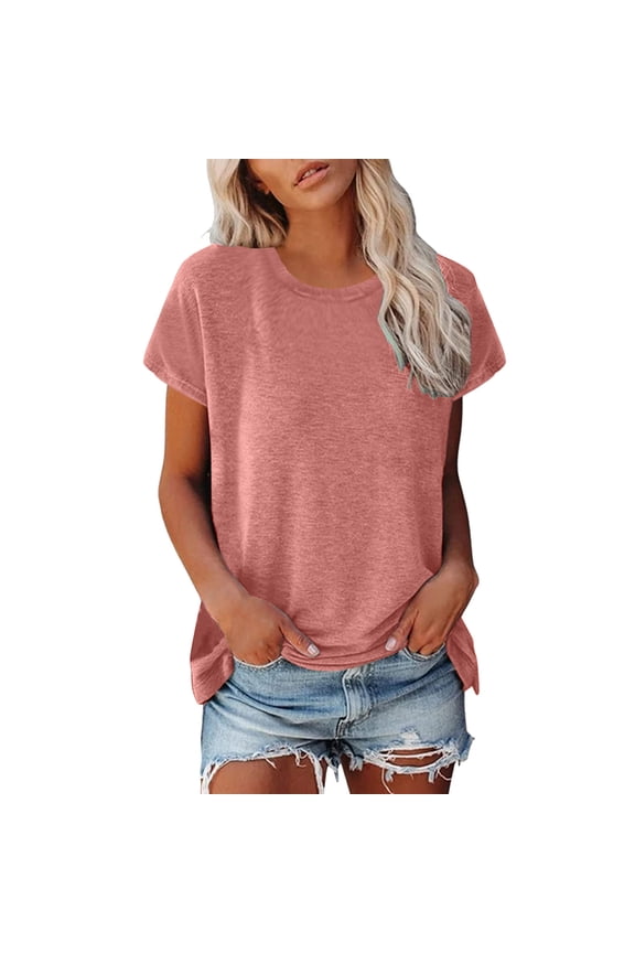 Womens Solid Curved Hem Tee Short Sleeves Crewneck Pullover Top Soft Casual Weekend Tees