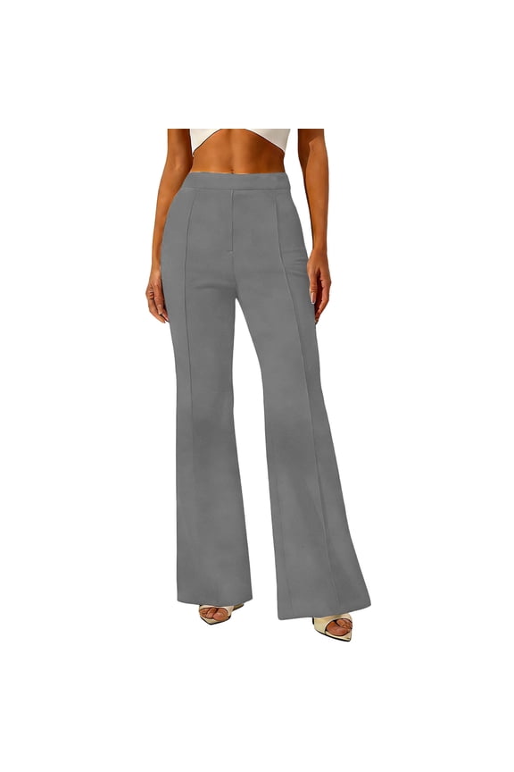 Womens Solid Suede Flared Pants Tailored Fit High Waisted Zip Fly Full Length Pant Sleek Office Pants