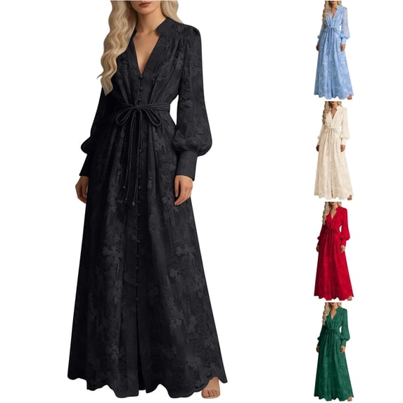 XIAONU Womens Solid Lace Maxi Dress Long Sleeve Stand Collar Waist Tie Wedding Guest Gown