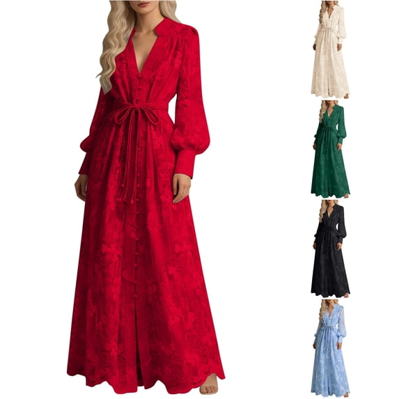 XIAONU Womens Solid Lace Maxi Dress Long Sleeve Stand Collar Waist Tie Wedding Guest Gown