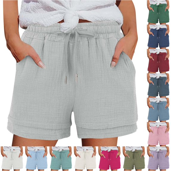 XIAONU Womens Solid Layered Shorts Drawstring Waist Side Pockets Shorts