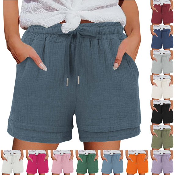XIAONU Womens Solid Layered Shorts Drawstring Waist Side Pockets Shorts