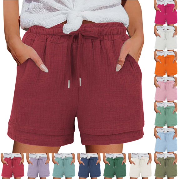 XIAONU Womens Solid Layered Shorts Drawstring Waist Side Pockets Shorts