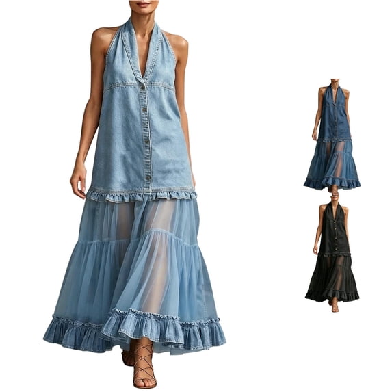 XIAONU Womens Solid Maxi Dress Halter Denim Top Tulle Ruffle Layer Boho Sundress