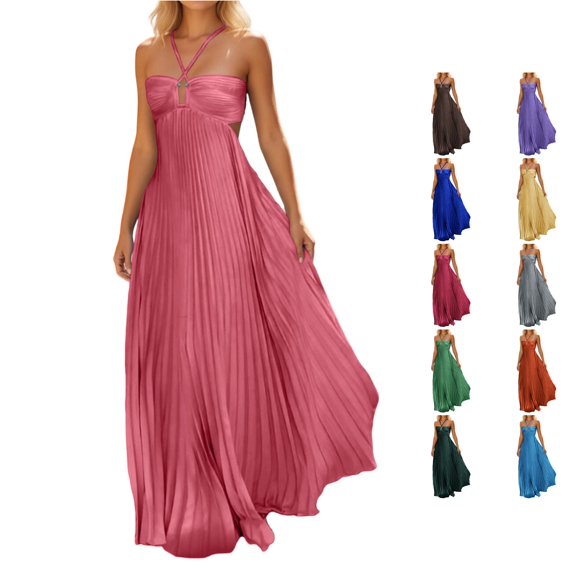 XIAONU Womens Solid Maxi Dress Halter Strap Cutout Pleated Flowy Formal Evening Sundress