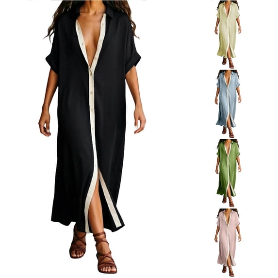 XIAONU Womens Solid Maxi Dress Short Sleeve Collared Contrast Split Shirt Dress