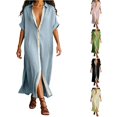 thumbnail image 1 of XIAONU Womens Solid Maxi Dress Short Sleeve Collared Contrast Split Shirt Dress, 1 of 4