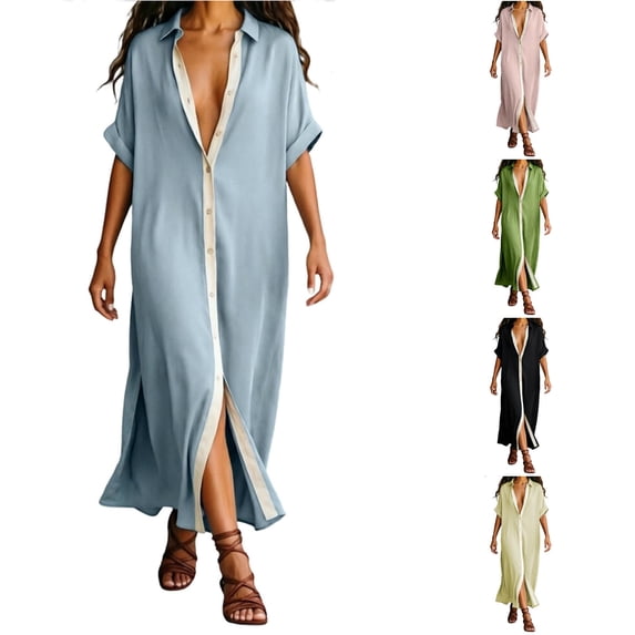 XIAONU Womens Solid Maxi Dress Short Sleeve Collared Contrast Split Shirt Dress
