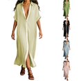 thumbnail image 1 of XIAONU Womens Solid Maxi Dress Short Sleeve Collared Contrast Split Shirt Dress, 1 of 4