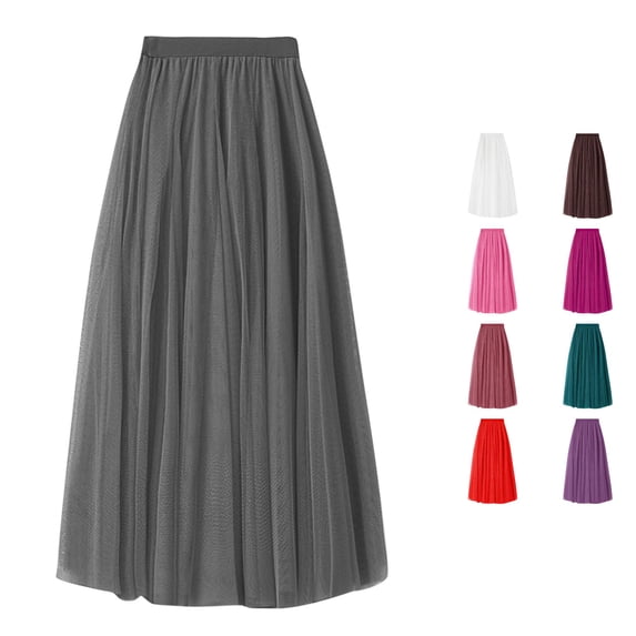 XIAONU Womens Solid Maxi Skirt High Waist Pleated Tulle Flowy Casual Long Skirt