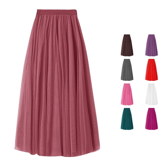 XIAONU Womens Solid Maxi Skirt High Waist Pleated Tulle Flowy Casual Long Skirt