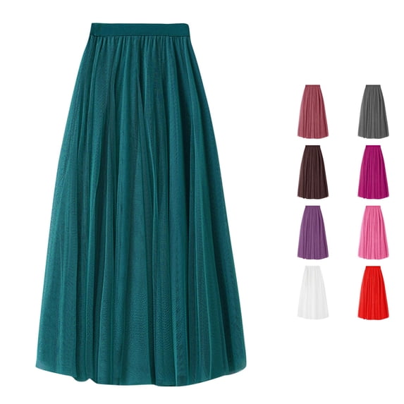 XIAONU Womens Solid Maxi Skirt High Waist Pleated Tulle Flowy Casual Long Skirt