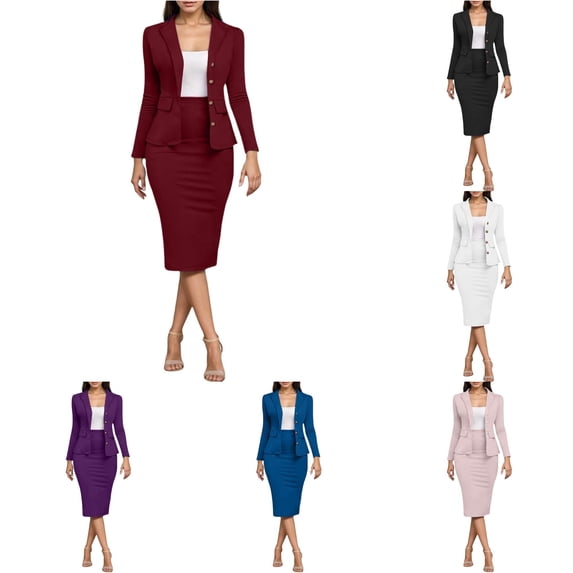 XIAONU Womens Solid Outfit Set Blazer Jacket And Pencil Skirt Two Piece Business Work Suit
