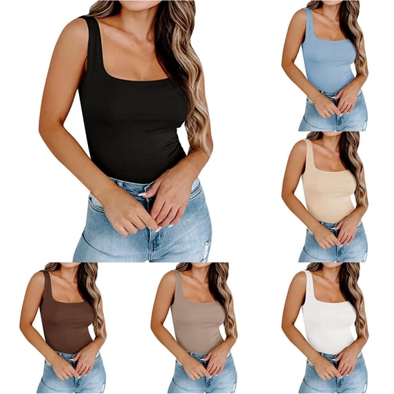 XIAONU Womens Solid Tank Top Sleeveless Square Neck Slim Fit Basic Layering Top