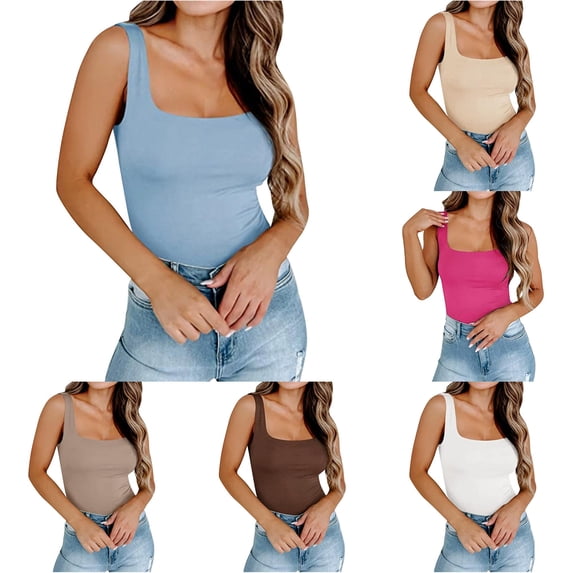XIAONU Womens Solid Tank Top Sleeveless Square Neck Slim Fit Basic Layering Top