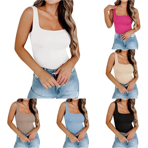 XIAONU Womens Solid Tank Top Sleeveless Square Neck Slim Fit Basic Layering Top