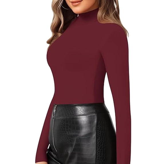 XIAONU Womens Solid Turtleneck Bodysuit Slim Long Sleeve Stand Collar Pullover Tops Stretchy Chic Party Bodysuits Tops