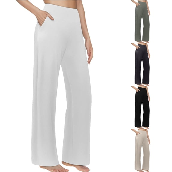 XIAONU Womens Solid Wide Leg Pants High Waist Side Pockets Casual Pants
