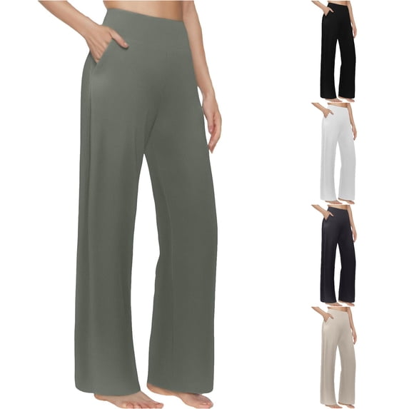 XIAONU Womens Solid Wide Leg Pants High Waist Side Pockets Casual Pants
