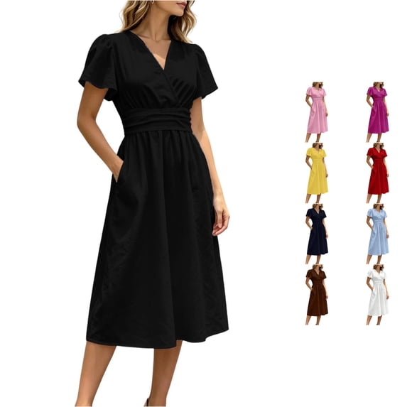 XIAONU Womens Solid Wrap Midi Dress Short Flutter Sleeve Waist Tie Casual Dress With Pockets