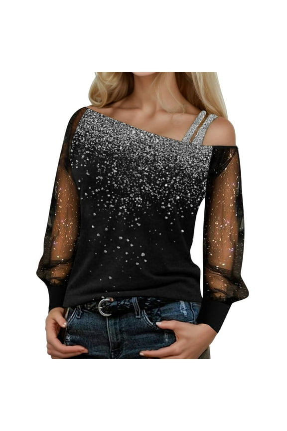 Womens Sparkle Print Asymmetrical Neck Top form Fitting Long Sleeve Sheer Sleeve Pullover Top Glittery Glam Party Tops