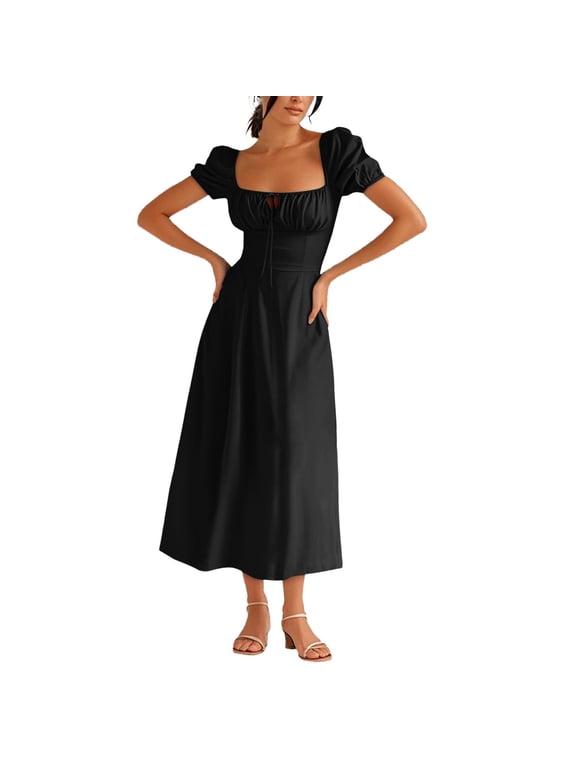 Womens Square Neck Puff Sleeve Midi Dress High Waisted Pocket Casual Party Dresses