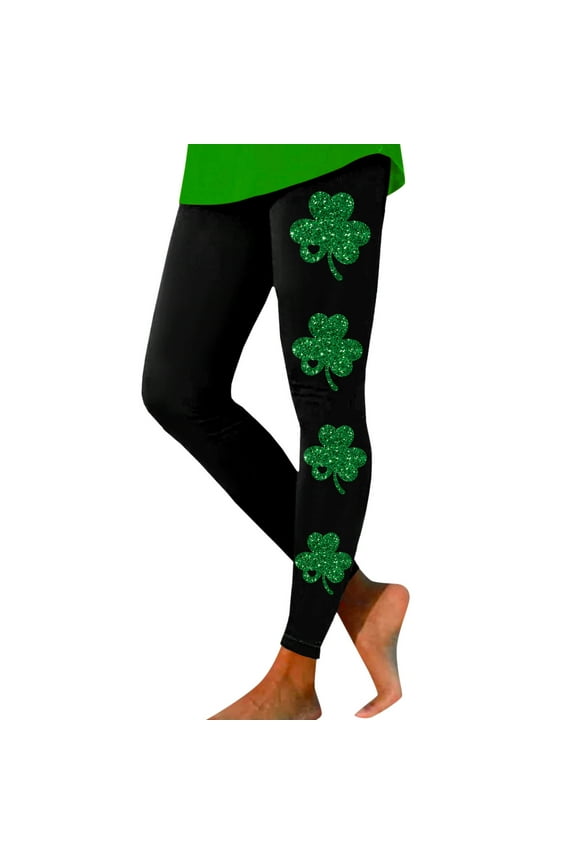 Womens St. Patrick's Day Glitter Shamrock Print Leggings Stretch High Waist Casual Pants For Holiday And Daily Wear