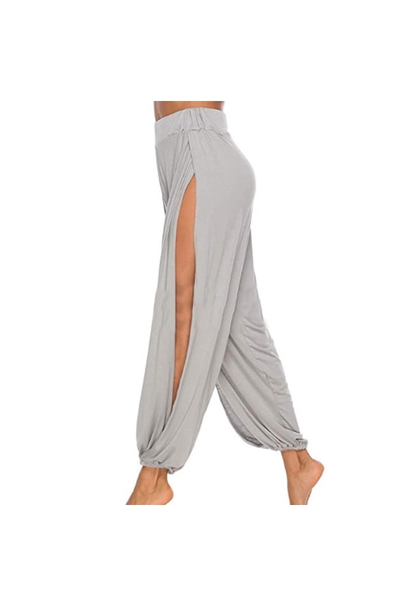 Womens Stretchy Harem Pants Split Side Ruched Trouser Breathable Dance Yoga Bottoms Grey