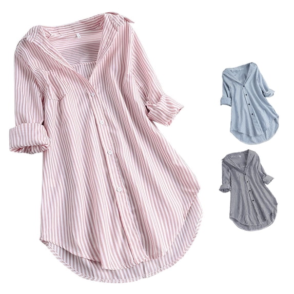 XIAONU Womens Stripe Print Shirt Button Front Longline Roll Sleeve Blouse