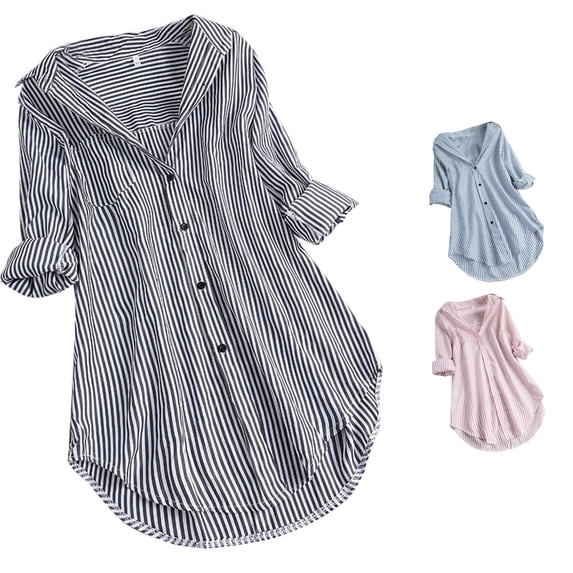 XIAONU Womens Stripe Print Shirt Button Front Longline Roll Sleeve Blouse
