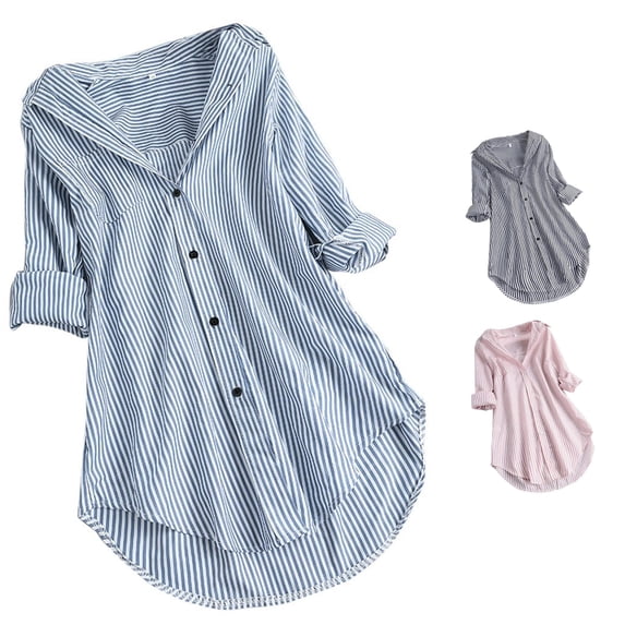 XIAONU Womens Stripe Print Shirt Button Front Longline Roll Sleeve Blouse