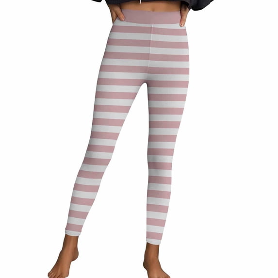 XIAONU Womens Striped Leggings High Waist Slim Fit Pants Stretchy Casual Daily Bottoms Pink