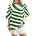 thumbnail image 1 of XIAONU Womens Striped Tshirt Oversized Contrast Trim Half Sleeve Crew Neck Tee Soft Casual Streetwear Tops, 1 of 3
