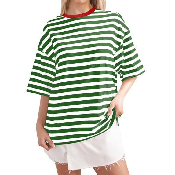 XIAONU Womens Striped Tshirt Oversized Contrast Trim Half Sleeve Crew Neck Tee Soft Casual Streetwear Tops