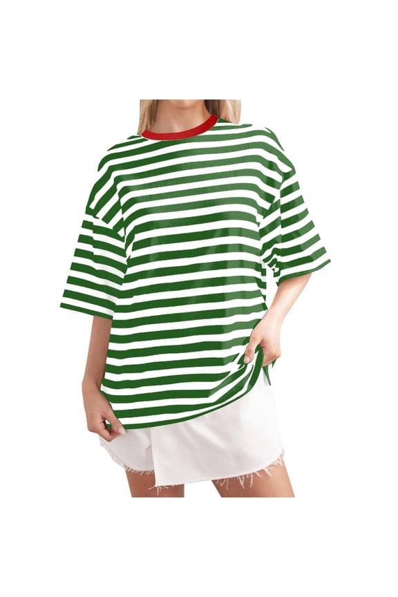 Womens Striped Tshirt Oversized Contrast Trim Half Sleeve Crew Neck Tee Soft Casual Streetwear Tops